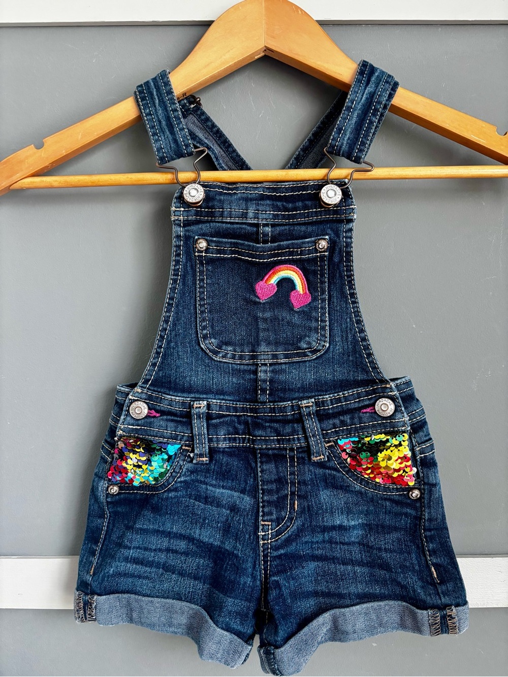Denim Rainbow Sequin Short Overalls - Kids